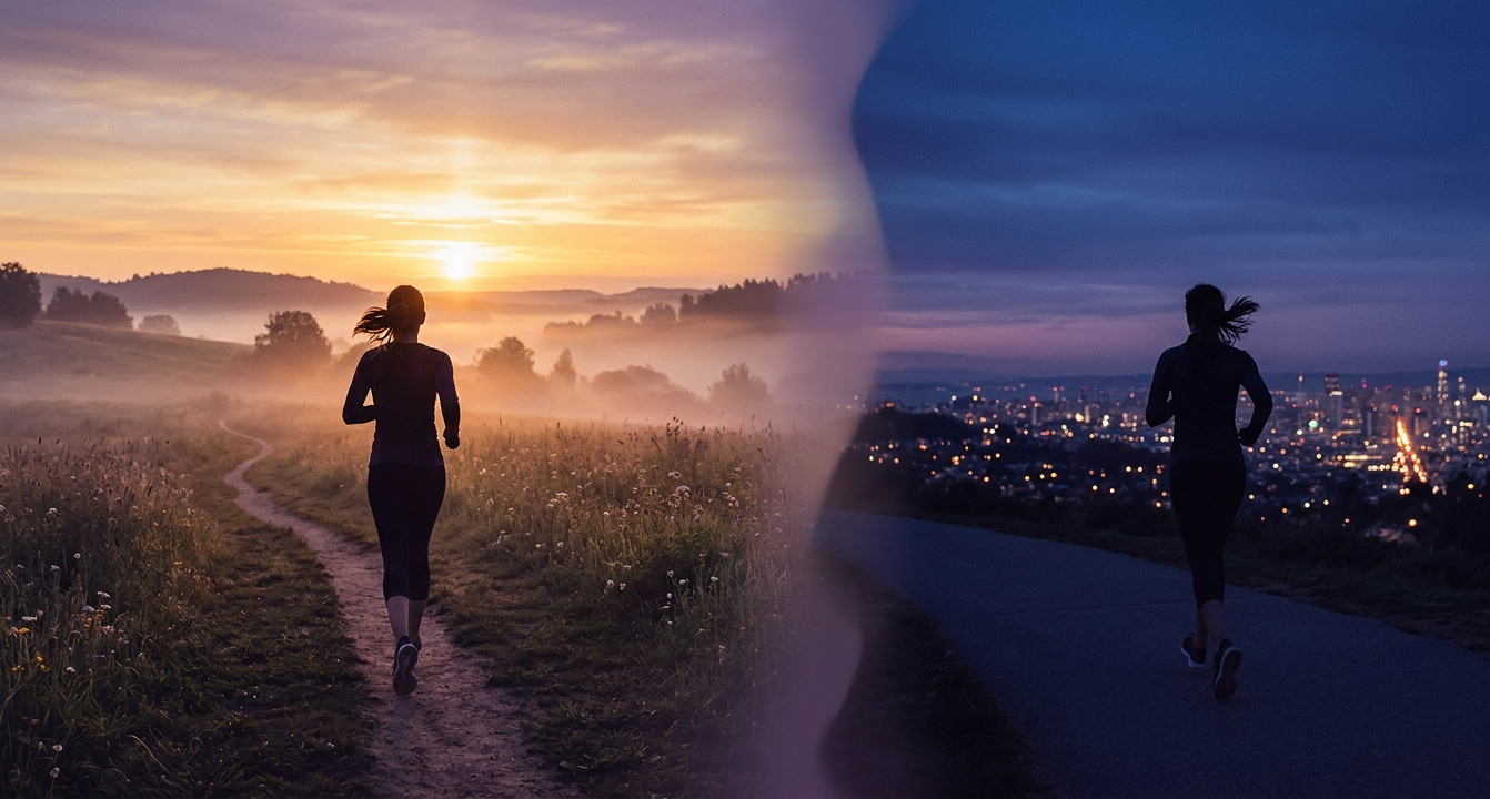 Frühmorgendliche Laufszene bei Sonnenaufgang